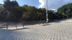 Benches and pathway at Carl Shurz Park Upper East Side, NY